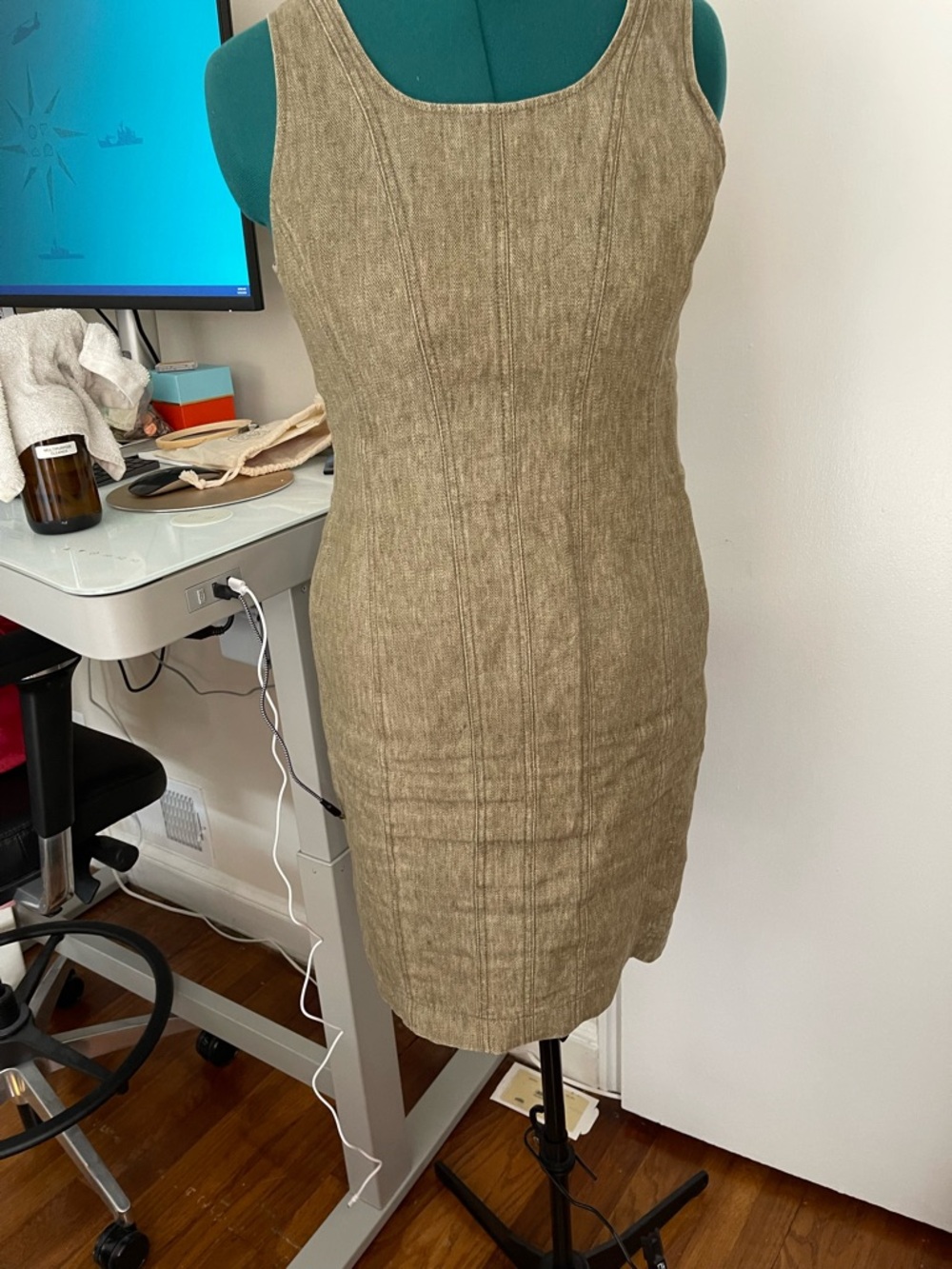 Worth Sleeveless Linen-Blend Sheath Dress in Beige-Taupe